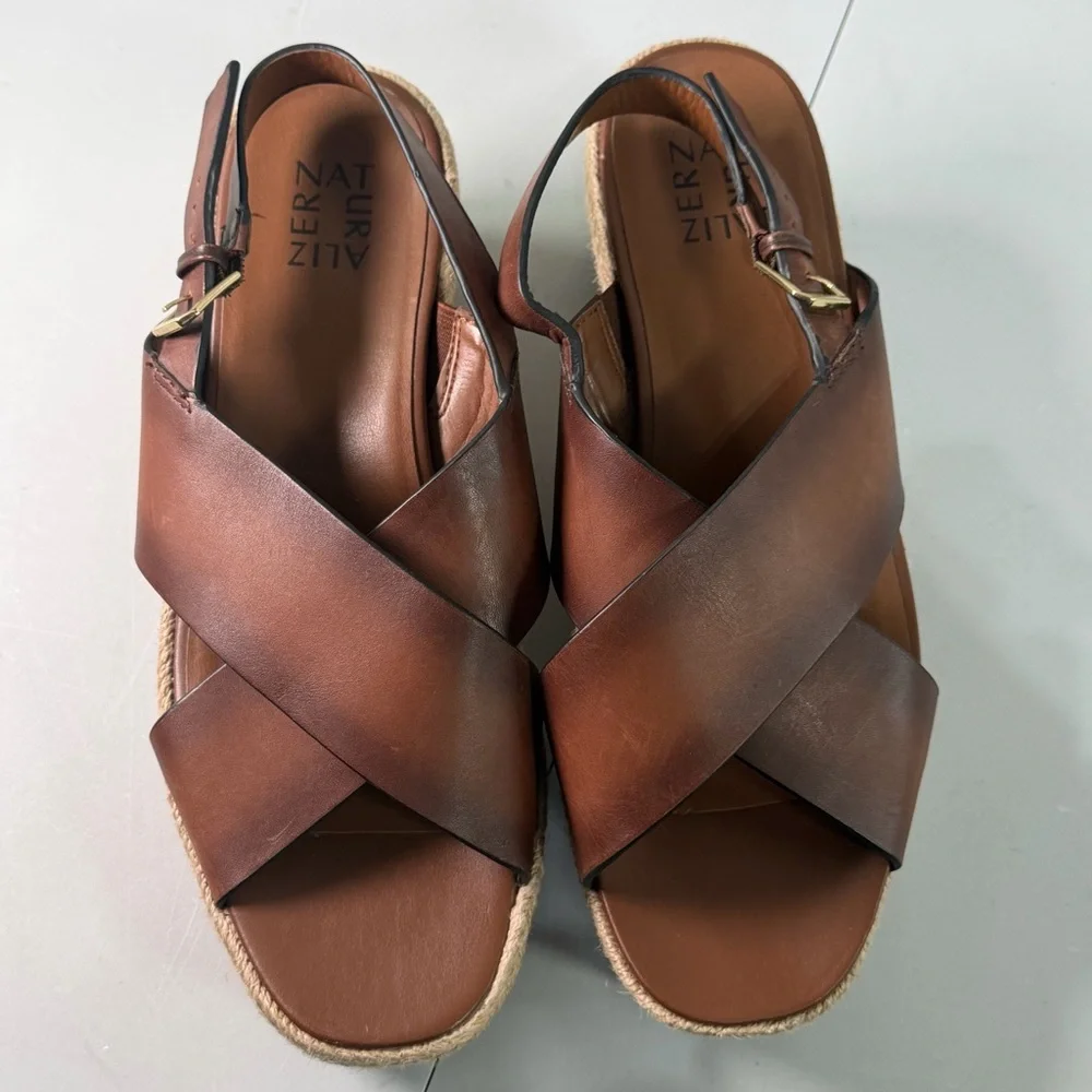 Naturalizer Oak Espadrille Wedge Sandal Brown Leather Crossover Strap Women’s 11